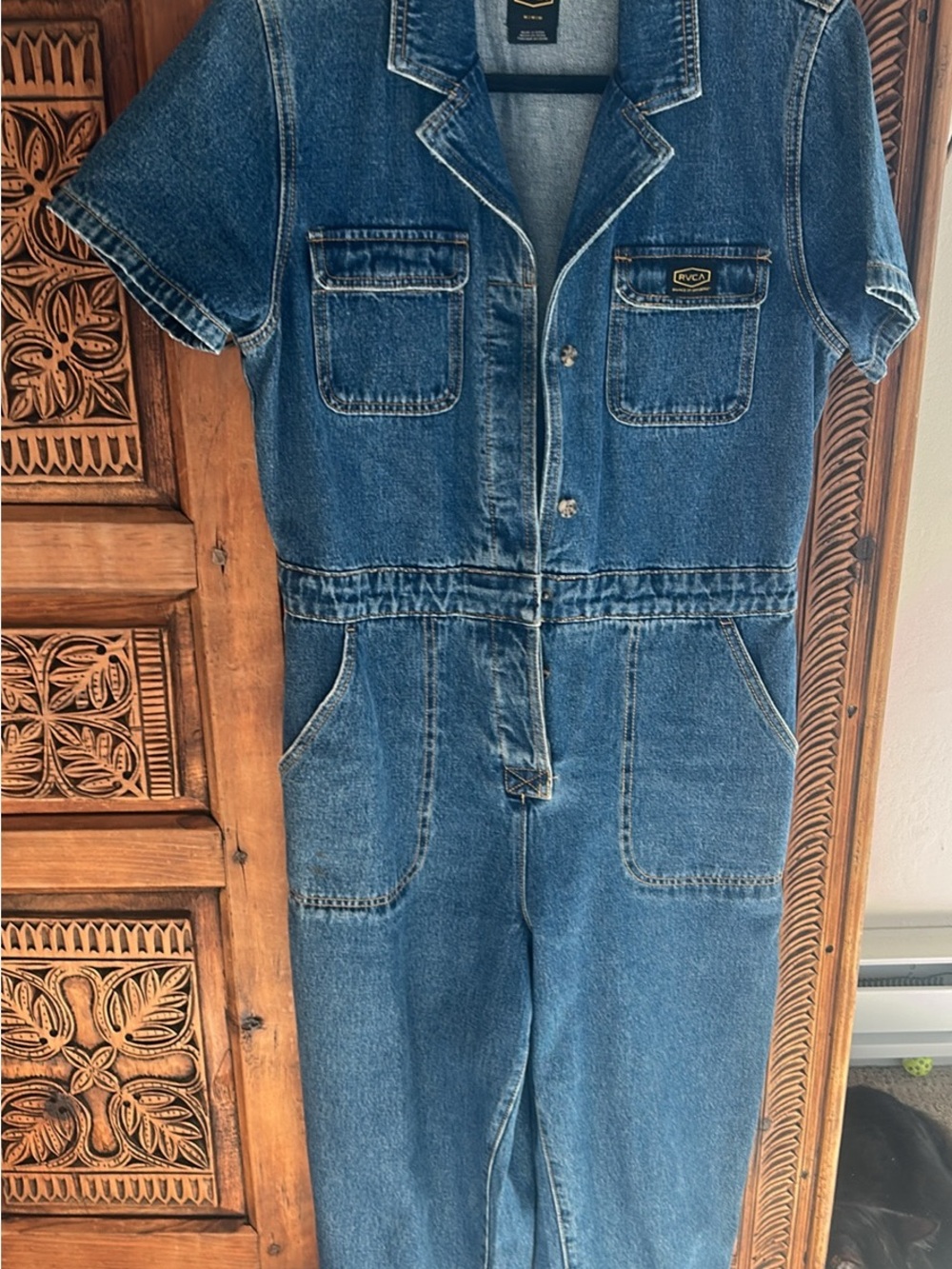 RVCA Women’s  Blue Short-Sleeve Denim Jumpsuit